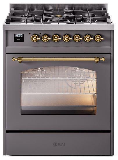 Ilve UP30NMPMGG Nostalgie Ii 30 Inch Dual Fuel Natural Gas Freestanding Range In Matte Graphite With Brass Trim