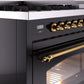 Ilve UP48FNMPBKG Nostalgie Ii 48 Inch Dual Fuel Natural Gas Freestanding Range In Glossy Black With Brass Trim