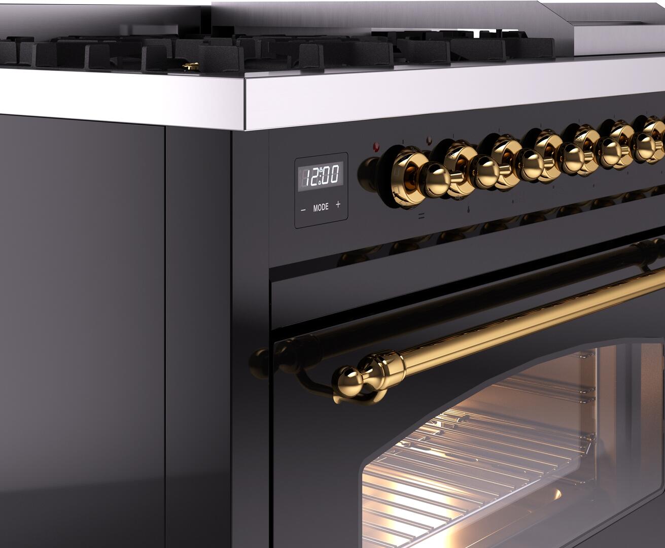 Ilve UP48FNMPBKG Nostalgie Ii 48 Inch Dual Fuel Natural Gas Freestanding Range In Glossy Black With Brass Trim