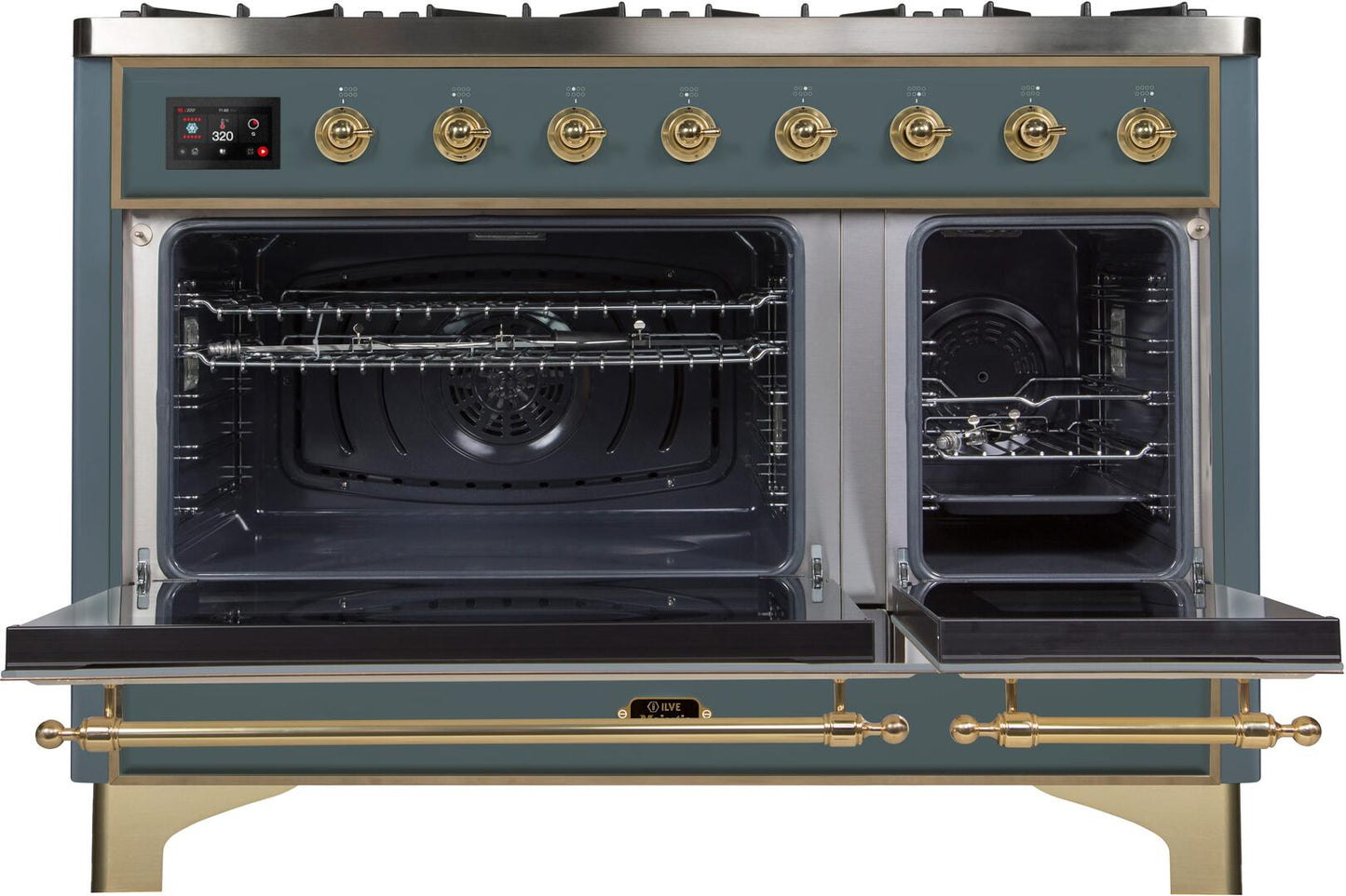 Ilve UM12FDNS3BGGLP Majestic Ii 48 Inch Dual Fuel Liquid Propane Freestanding Range In Blue Grey With Brass Trim