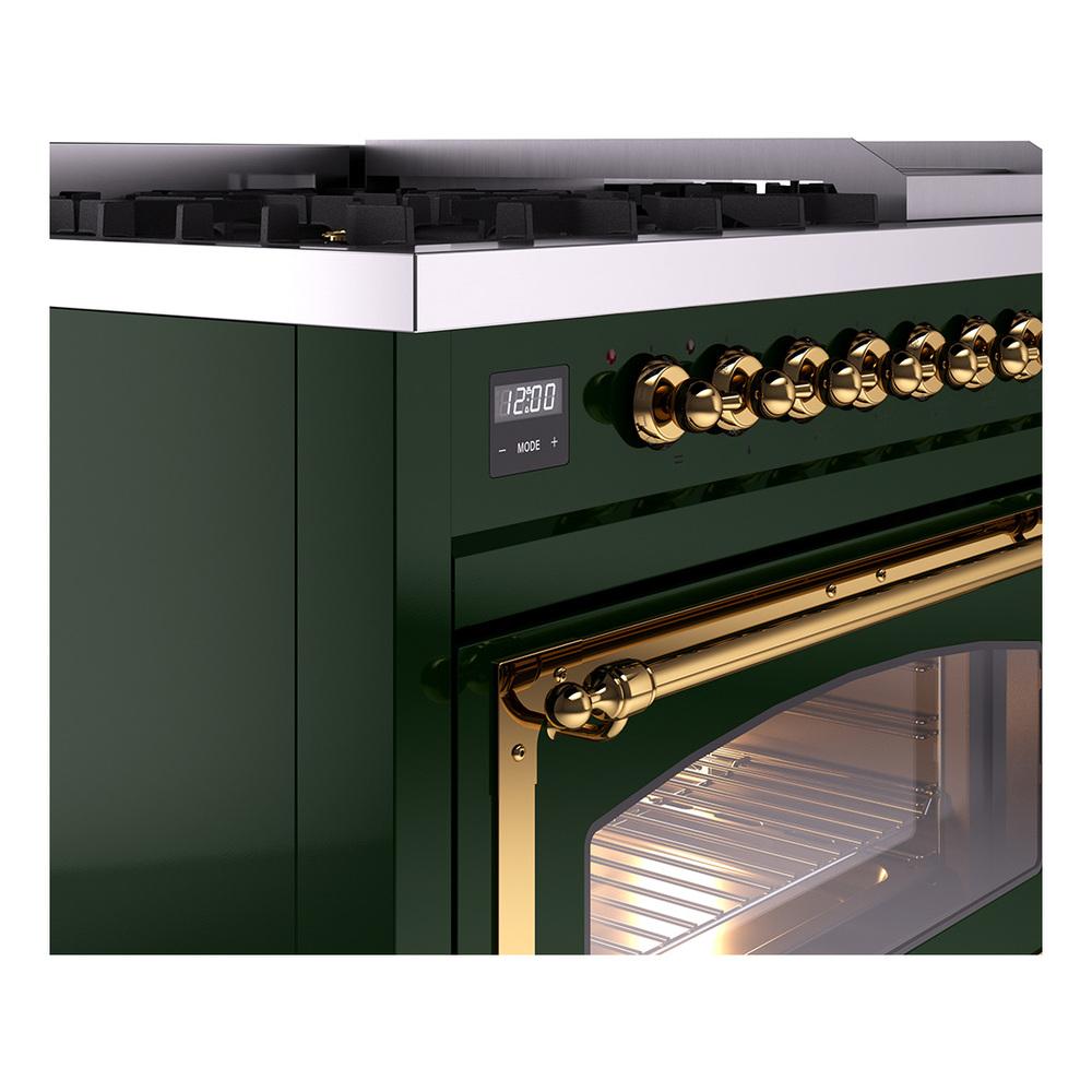 Ilve UN48FNMPEGG Ilve Un48Fnmpegg Nostalgie Ii Noblesse 48" Dual Fuel Range (8 Sealed Burners + Griddle, Natural Gas, Triple Glass Door, Emerald Green, Brass)