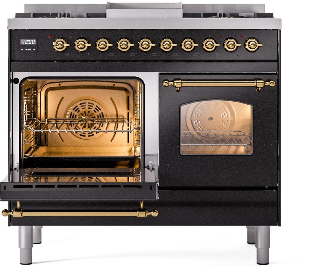 Ilve UPD40FNMPBKGLP Nostalgie Ii 40 Inch Dual Fuel Liquid Propane Freestanding Range In Glossy Black With Brass Trim