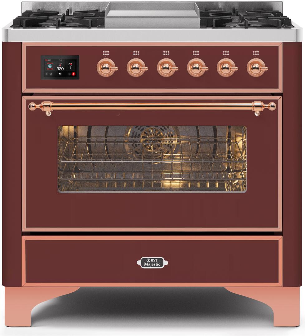 Ilve UM09FDNS3BUPLP Majestic Ii 36 Inch Dual Fuel Liquid Propane Freestanding Range In Burgundy With Copper Trim