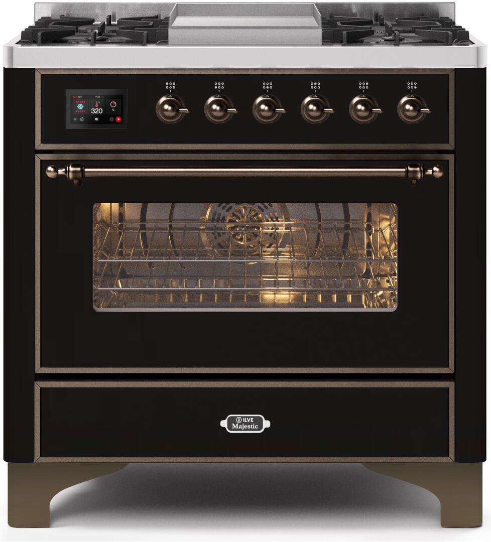 Ilve UM09FDNS3BKB Majestic Ii 36 Inch Dual Fuel Natural Gas Freestanding Range In Glossy Black With Bronze Trim