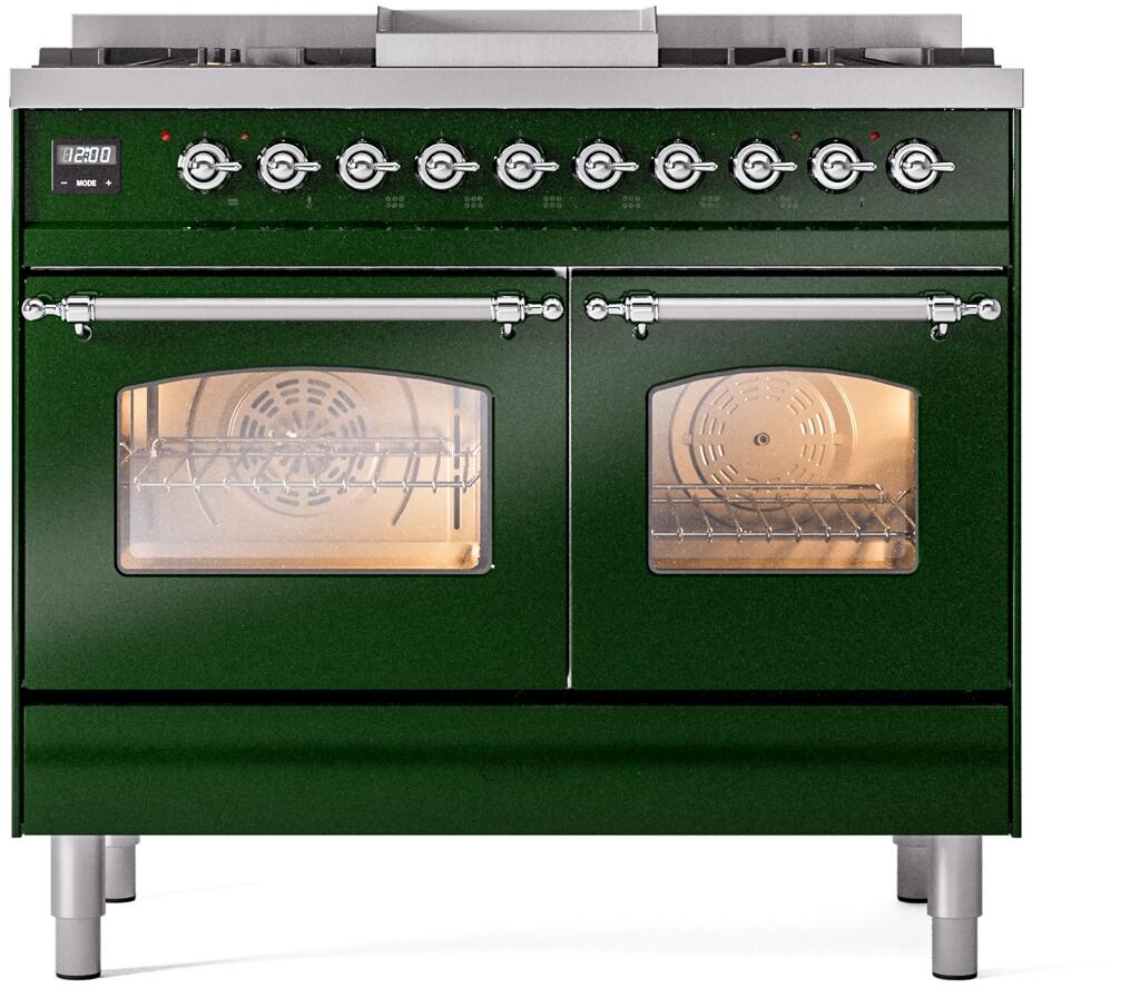 Ilve UPD40FNMPEGC Nostalgie Ii 40 Inch Dual Fuel Natural Gas Freestanding Range In Emerald Green With Chrome Trim