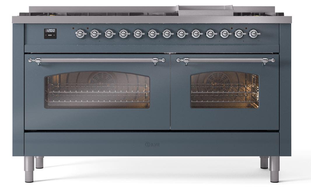 Ilve UP60FNMPBGC Nostalgie Ii 60 Inch Dual Fuel Natural Gas Freestanding Range In Blue Grey With Chrome Trim