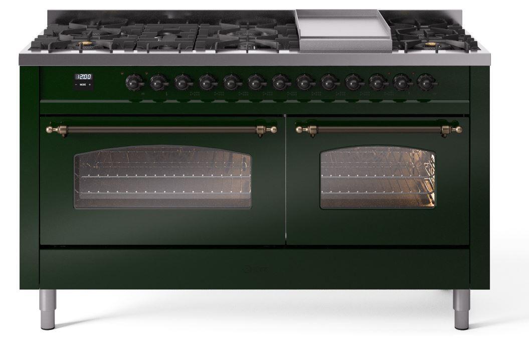 Ilve UP60FNMPEGB Nostalgie Ii 60 Inch Dual Fuel Natural Gas Freestanding Range In Emerald Green With Bronze Trim