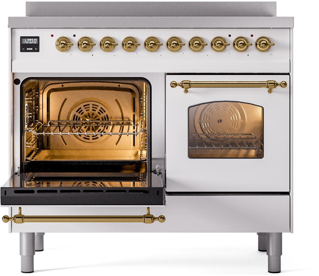 Ilve UPDI406NMPWHG Nostalgie Ii 40 Inch Electric Freestanding Range In White With Brass Trim