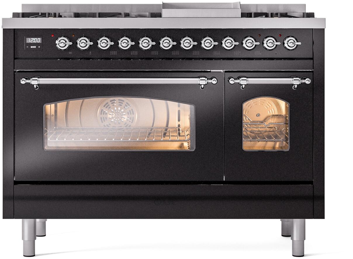 Ilve UP48FNMPBKC Nostalgie Ii 48 Inch Dual Fuel Natural Gas Freestanding Range In Glossy Black With Chrome Trim