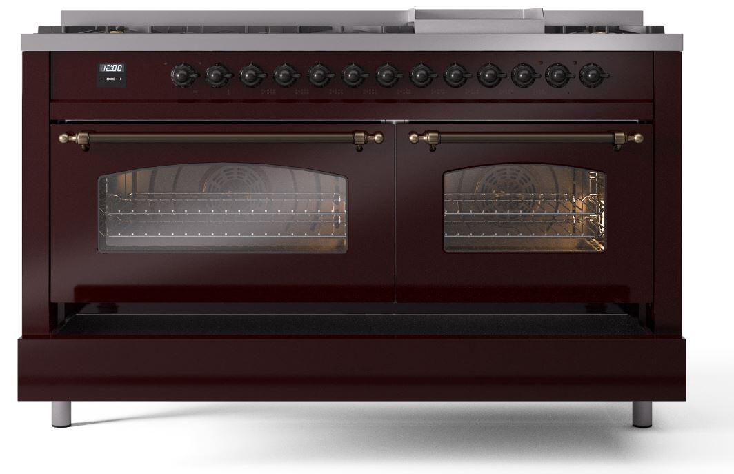 Ilve UP60FNMPBUBLP Nostalgie Ii 60 Inch Dual Fuel Liquid Propane Freestanding Range In Burgundy With Bronze Trim