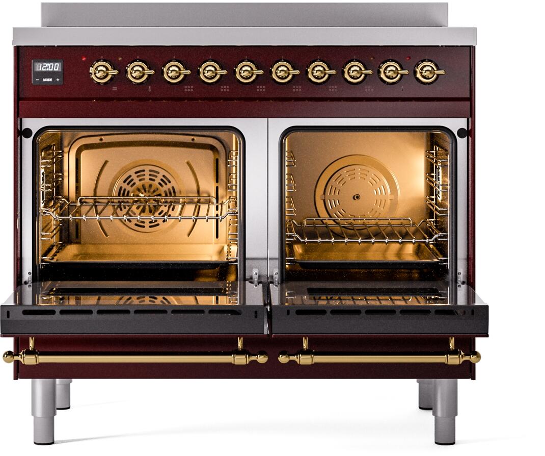 Ilve UPDI406NMPBUG Nostalgie Ii 40 Inch Electric Freestanding Range In Burgundy With Brass Trim