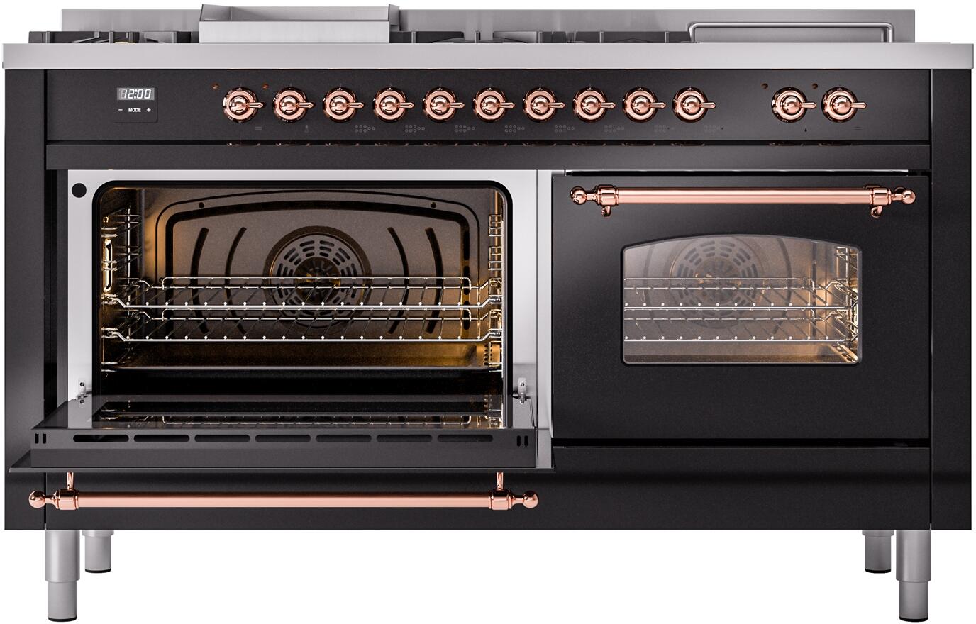 Ilve UP60FSNMPBKPLP Nostalgie Ii 60 Inch Dual Fuel Liquid Propane Freestanding Range In Glossy Black With Copper Trim