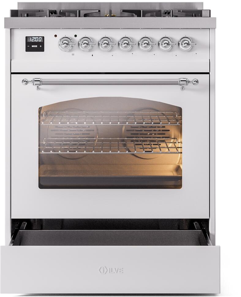 Ilve UP30NMPWHC Nostalgie Ii 30 Inch Dual Fuel Natural Gas Freestanding Range In White With Chrome Trim