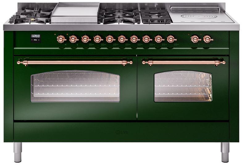 Ilve UP60FSNMPEGP Nostalgie Ii 60 Inch Dual Fuel Natural Gas Freestanding Range In Emerald Green With Copper Trim