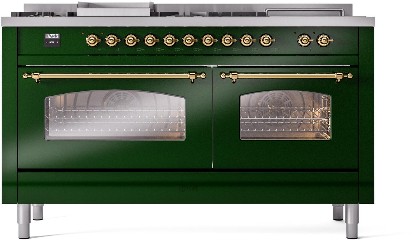 Ilve UP60FSNMPEGG Nostalgie Ii 60 Inch Dual Fuel Natural Gas Freestanding Range In Emerald Green With Brass Trim