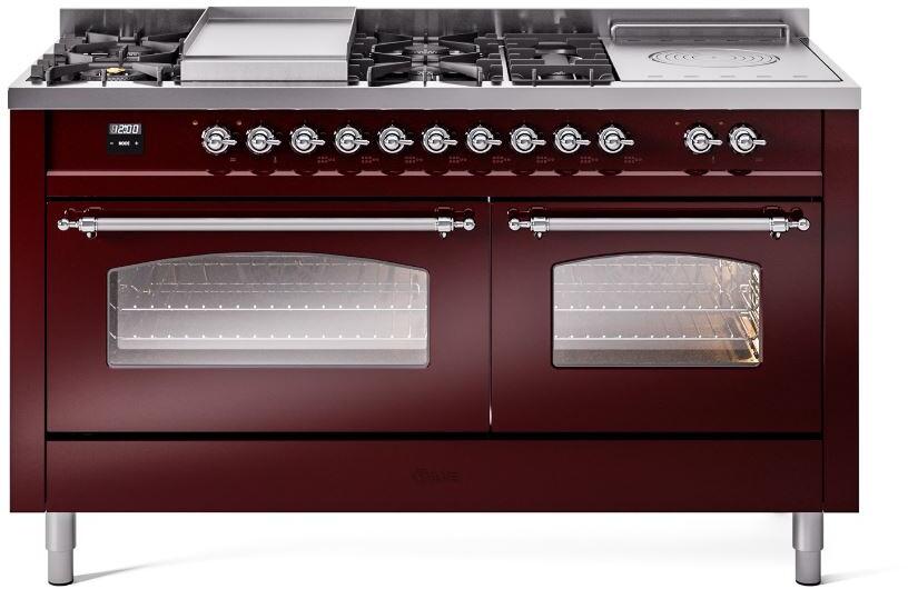 Ilve UP60FSNMPBUC Nostalgie Ii 60 Inch Dual Fuel Natural Gas Freestanding Range In Burgundy With Chrome Trim