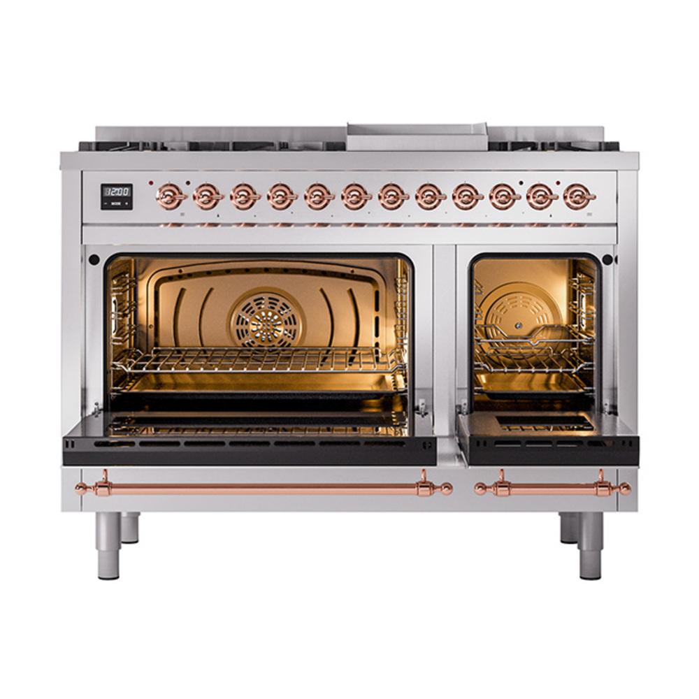 Ilve UN48FNMPSSPLP Ilve Un48Fnmpssplp Nostalgie Ii Noblesse 48" Dual Fuel Range (8 Sealed Burners + Griddle, Liquid Propane, Triple Glass Door, Stainless Steel, Copper)