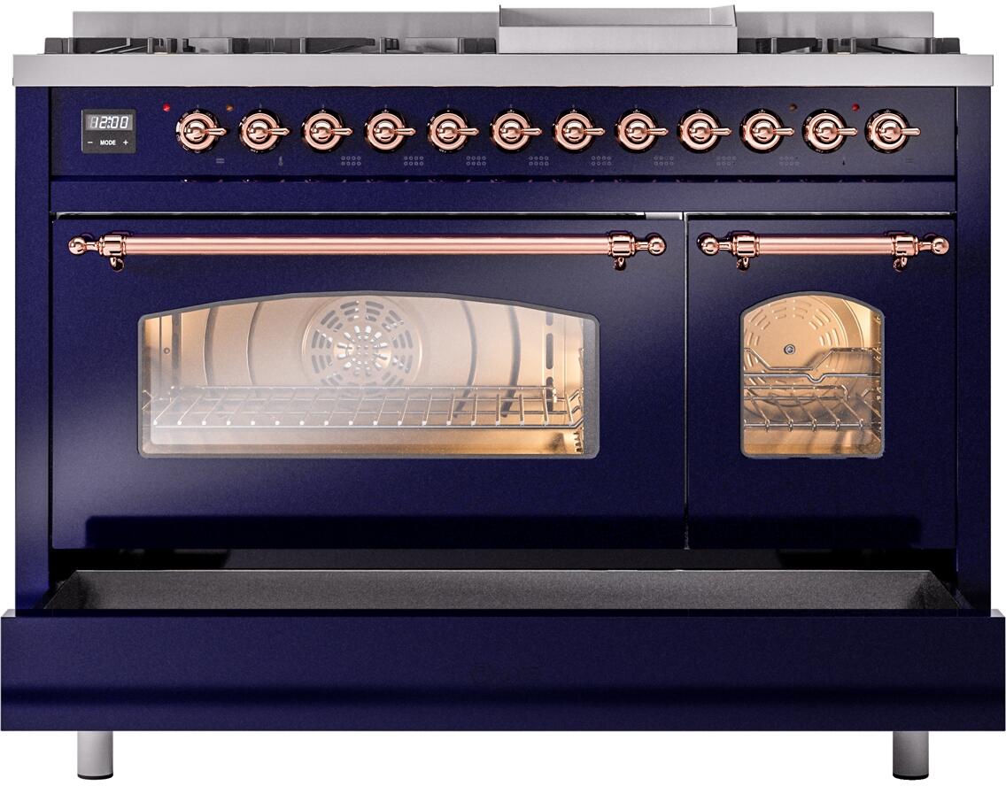 Ilve UP48FNMPMBPLP Nostalgie Ii 48 Inch Dual Fuel Liquid Propane Freestanding Range In Blue With Copper Trim