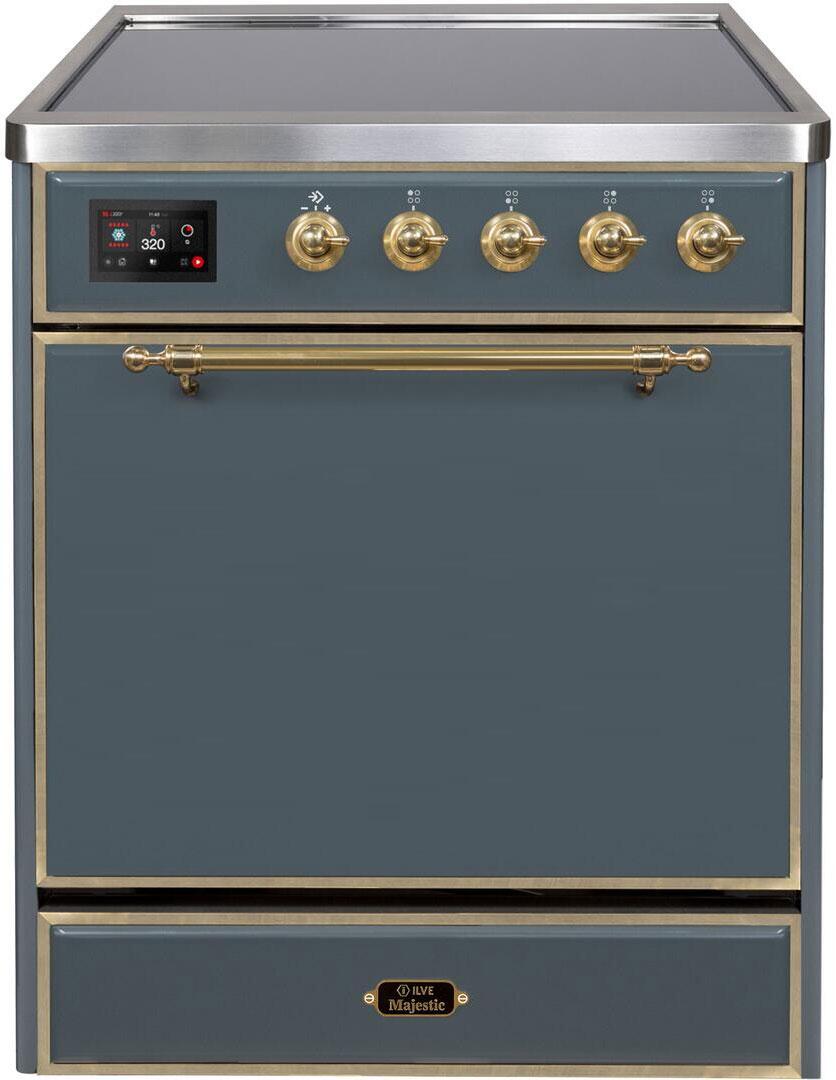 Ilve UMI30QNE3BGG Majestic Ii 30 Inch Electric Freestanding Range In Blue Grey With Brass Trim