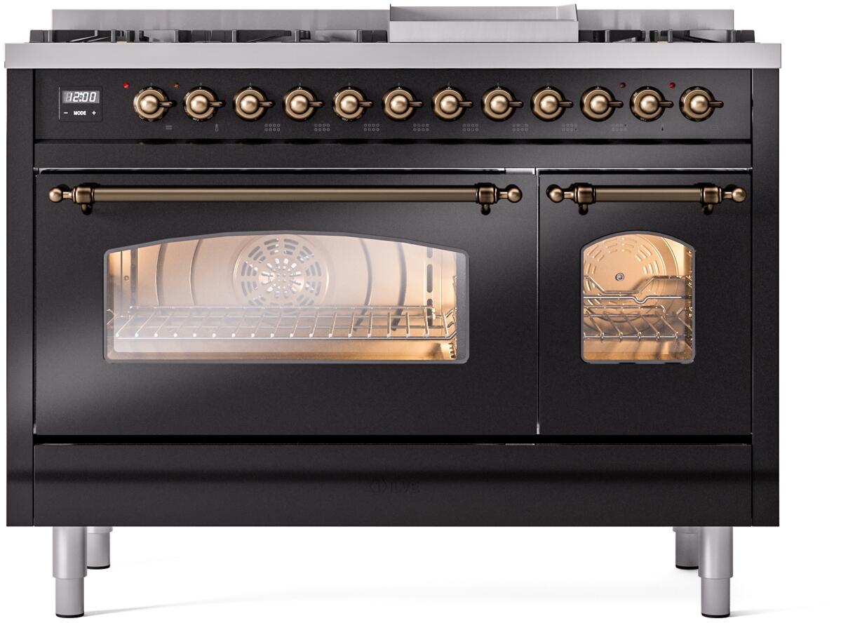 Ilve UP48FNMPBKBLP Nostalgie Ii 48 Inch Dual Fuel Liquid Propane Freestanding Range In Glossy Black With Bronze Trim