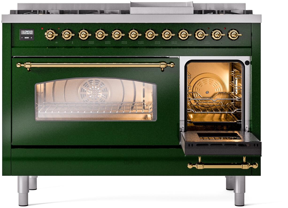 Ilve UP48FNMPEGG Nostalgie Ii 48 Inch Dual Fuel Natural Gas Freestanding Range In Emerald Green With Brass Trim