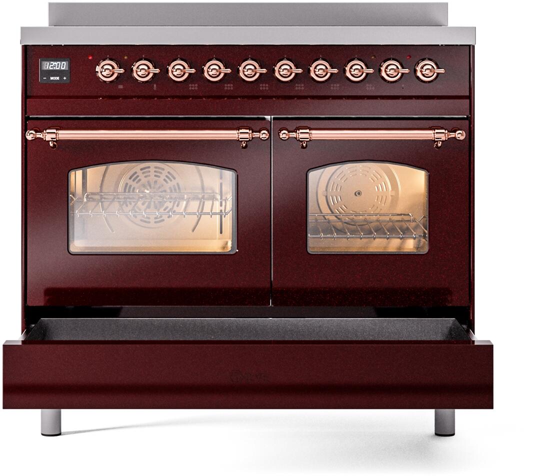 Ilve UPDI406NMPBUP Nostalgie Ii 40 Inch Electric Freestanding Range In Burgundy With Copper Trim