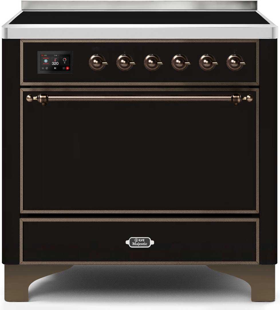 Ilve UMI09QNS3BKB Majestic Ii 36 Inch Electric Freestanding Range In Glossy Black With Bronze Trim