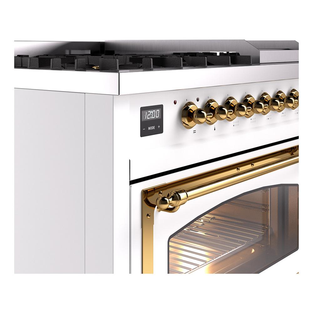 Ilve UN48FNMPWHG Ilve Un48Fnmpwhg Nostalgie Ii Noblesse 48" Dual Fuel Range (8 Sealed Burners + Griddle, Natural Gas, Triple Glass Door, White, Brass)