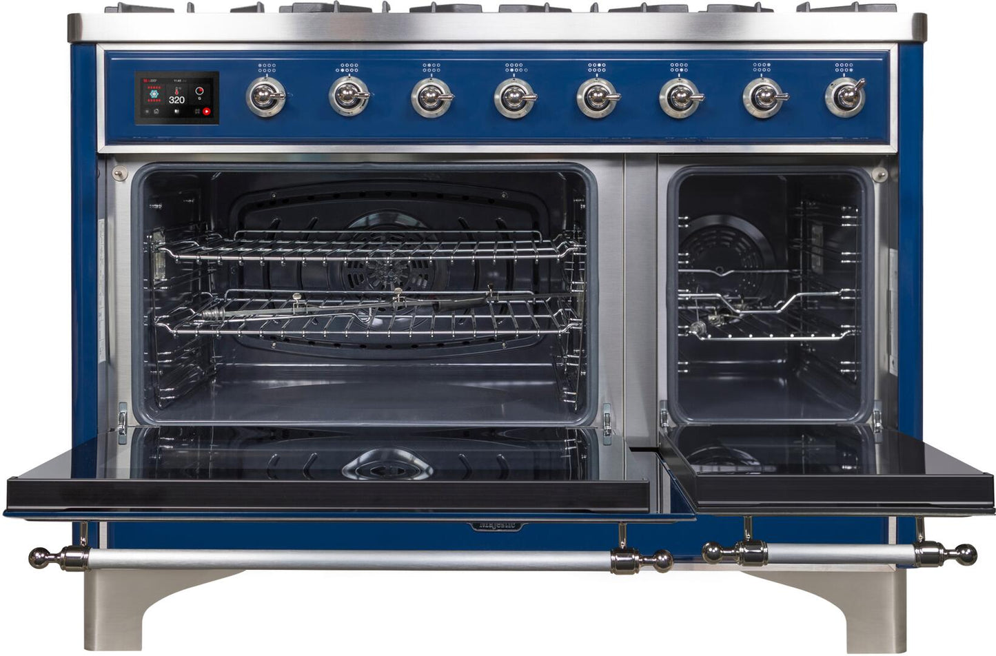 Ilve UM12FDNS3MBCLP Majestic Ii 48 Inch Dual Fuel Liquid Propane Freestanding Range In Blue With Chrome Trim