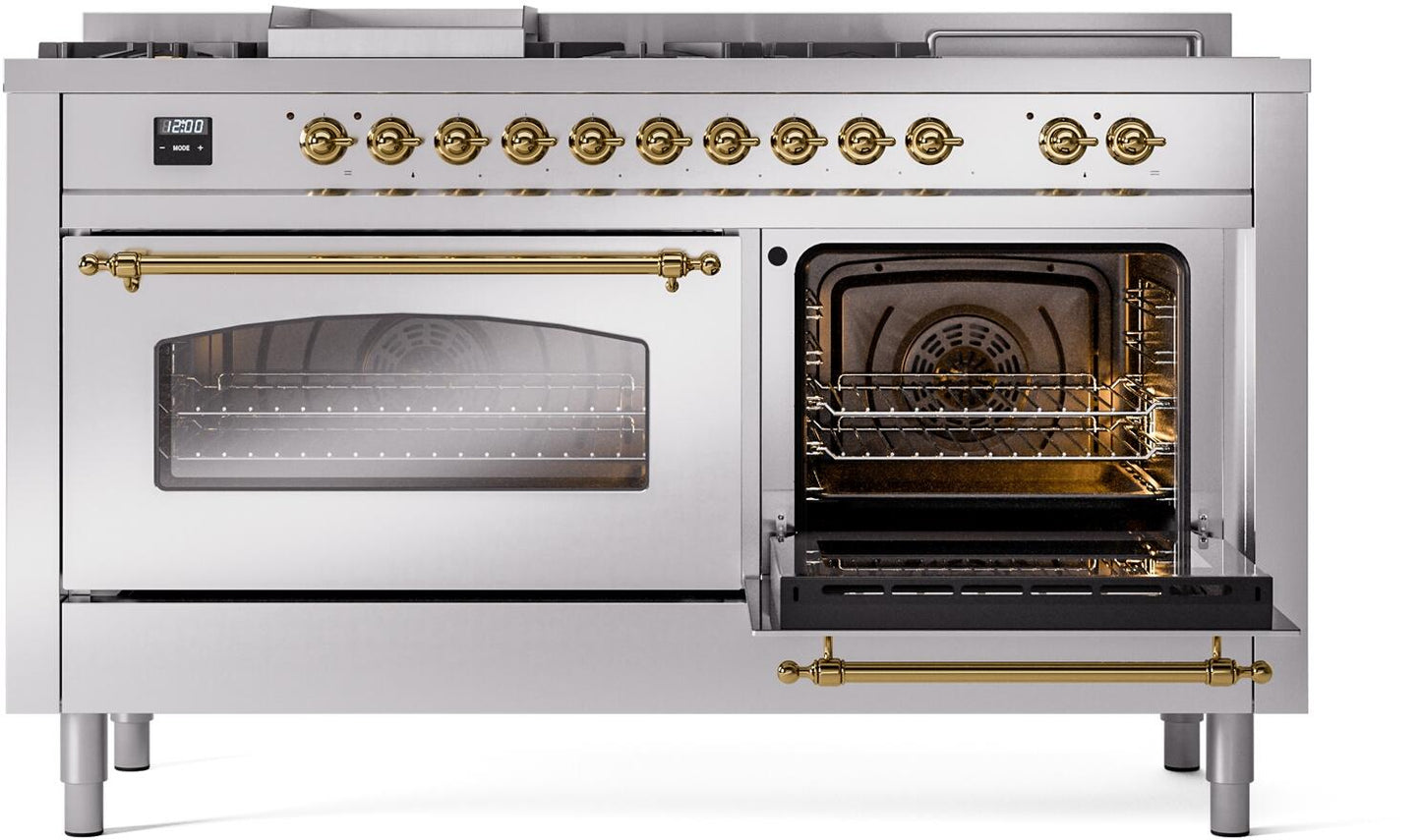 Ilve UP60FSNMPSSGLP Nostalgie Ii 60 Inch Dual Fuel Liquid Propane Freestanding Range In Stainless Steel With Brass Trim