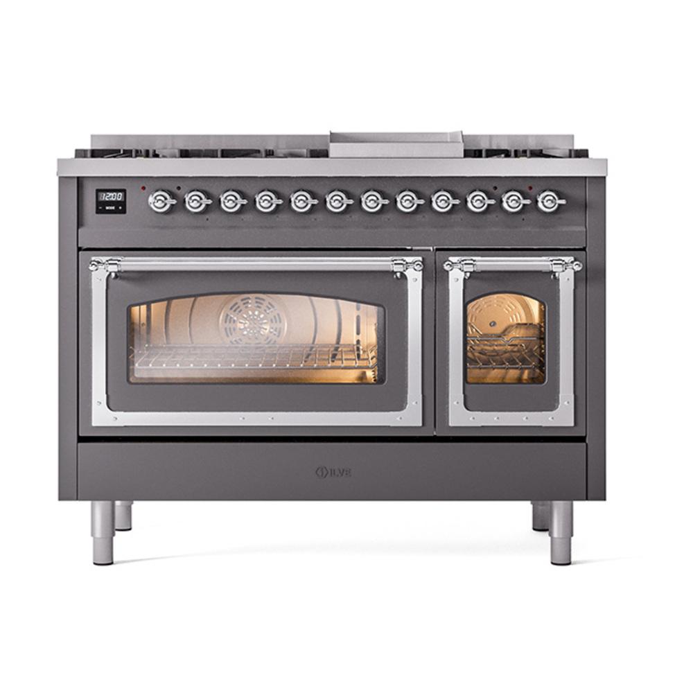 Ilve UN48FNMPMGCLP Ilve Un48Fnmpmgclp Nostalgie Ii Noblesse 48" Dual Fuel Range (8 Sealed Burners + Griddle, Liquid Propane, Triple Glass Door, Graphite Matte, Chrome)