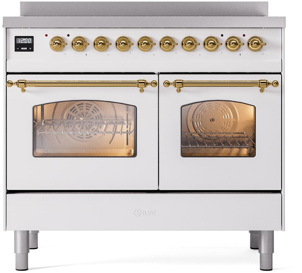 Ilve UPDI406NMPWHG Nostalgie Ii 40 Inch Electric Freestanding Range In White With Brass Trim