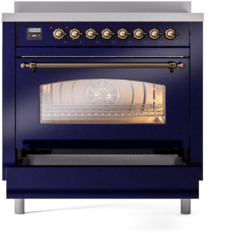 Ilve UPI366NMPMBB Nostalgie Ii 36 Inch Electric Freestanding Range In Blue With Bronze Trim