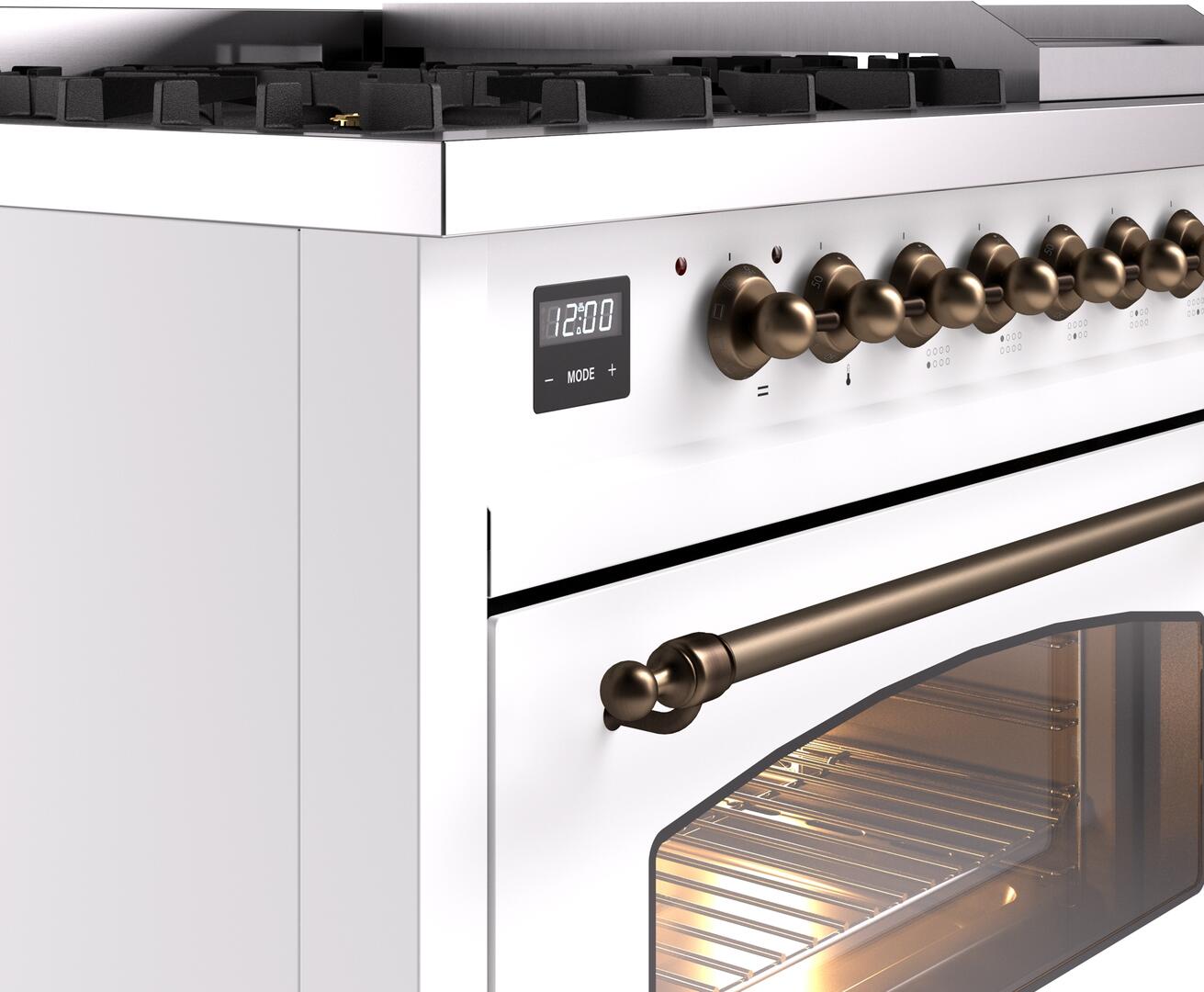 Ilve UP48FNMPWHB Nostalgie Ii 48 Inch Dual Fuel Natural Gas Freestanding Range In White With Bronze Trim