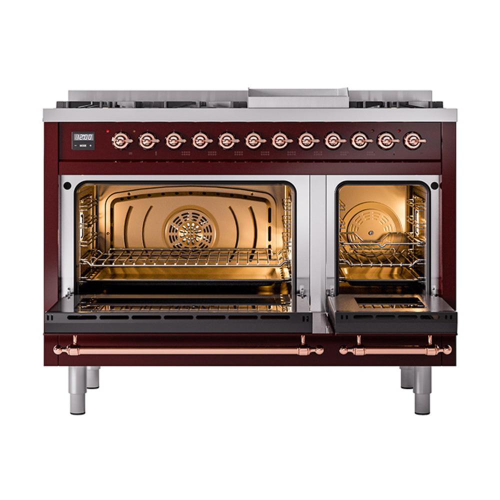 Ilve UN48FNMPBUPLP Ilve Un48Fnmpbuplp Nostalgie Ii Noblesse 48" Dual Fuel Range (8 Sealed Burners + Griddle, Liquid Propane, Triple Glass Door, Burgundy, Copper)