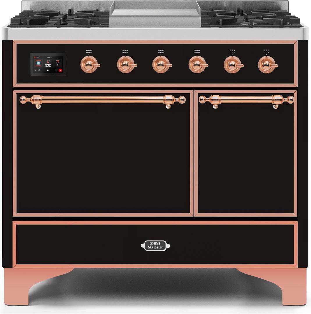 Ilve UMD10FDQNS3BKPLP Majestic Ii 40 Inch Dual Fuel Liquid Propane Freestanding Range In Glossy Black With Copper Trim