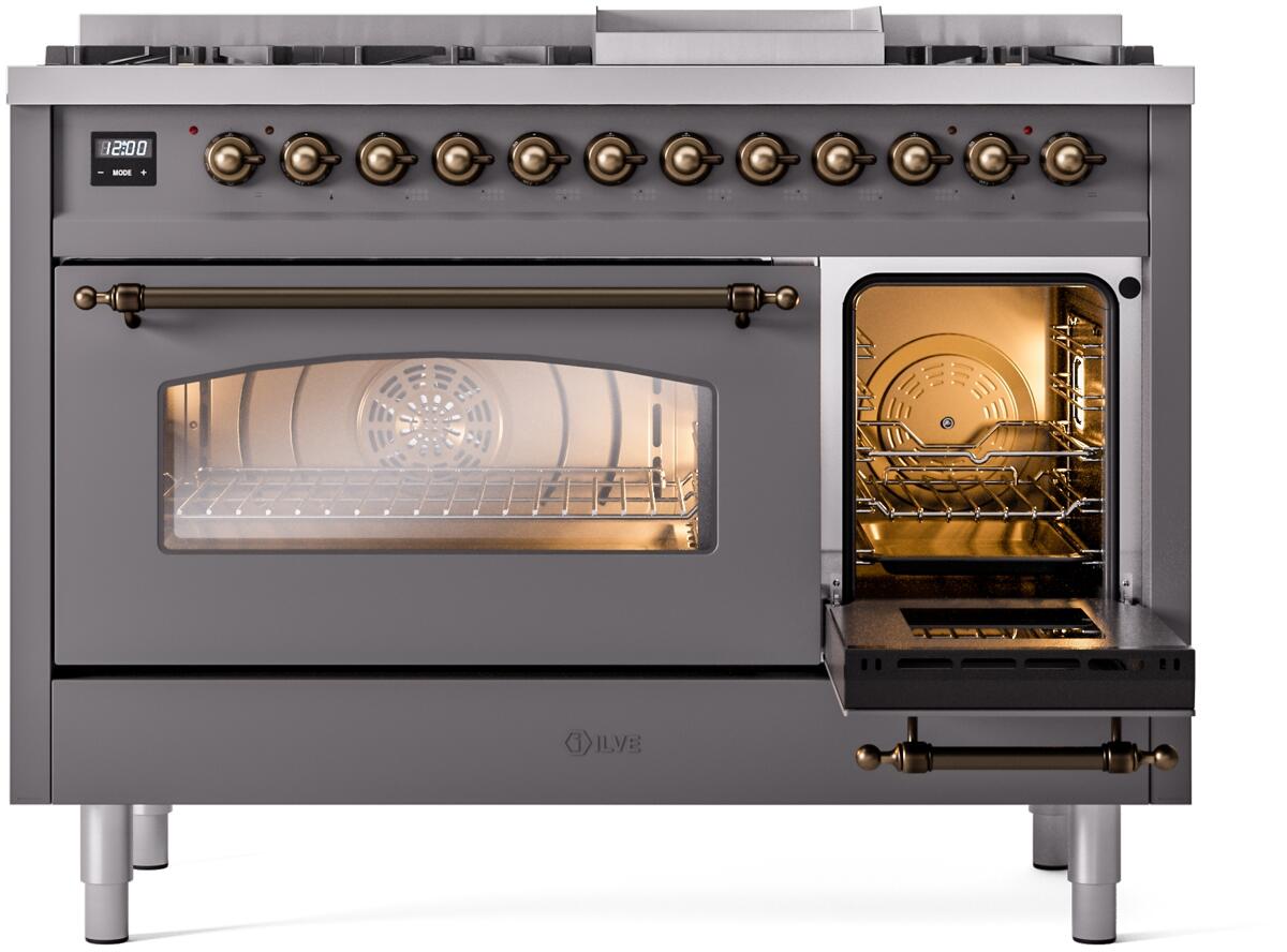 Ilve UP48FNMPMGB Nostalgie Ii 48 Inch Dual Fuel Natural Gas Freestanding Range In Matte Graphite With Bronze Trim