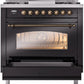 Ilve UP36FNMPBKB Nostalgie Ii 36 Inch Dual Fuel Natural Gas Freestanding Range In Glossy Black With Bronze Trim