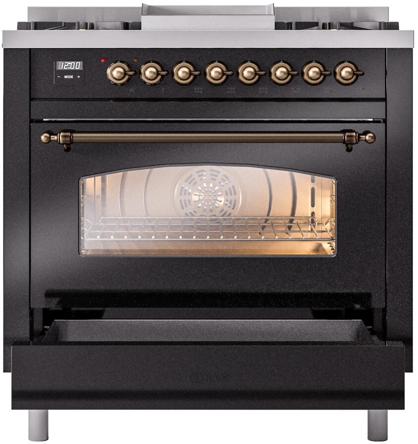 Ilve UP36FNMPBKB Nostalgie Ii 36 Inch Dual Fuel Natural Gas Freestanding Range In Glossy Black With Bronze Trim