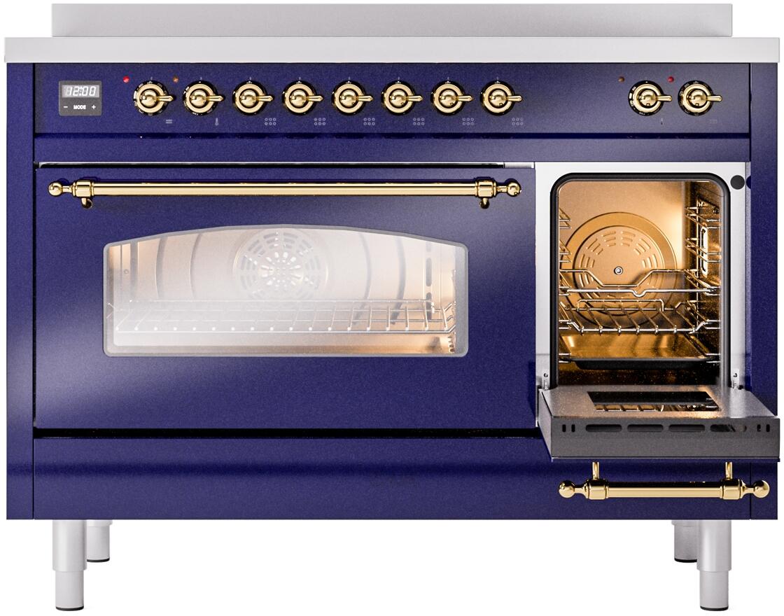 Ilve UPI486NMPMBG Nostalgie Ii 48 Inch Electric Freestanding Range In Blue With Brass Trim