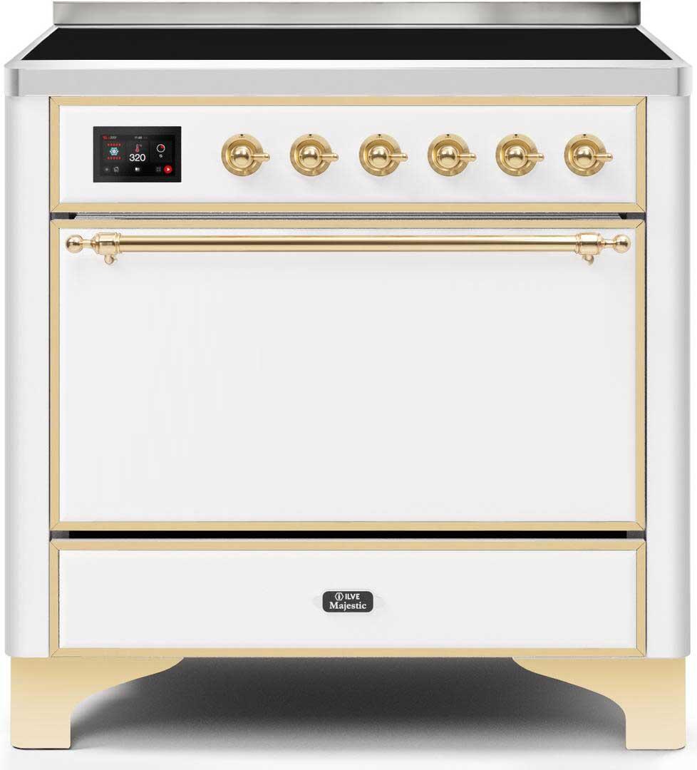 Ilve UMI09QNS3WHG Majestic Ii 36 Inch Electric Freestanding Range In White With Brass Trim