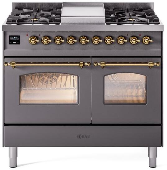 Ilve UPD40FNMPMGG Nostalgie Ii 40 Inch Dual Fuel Natural Gas Freestanding Range In Matte Graphite With Brass Trim