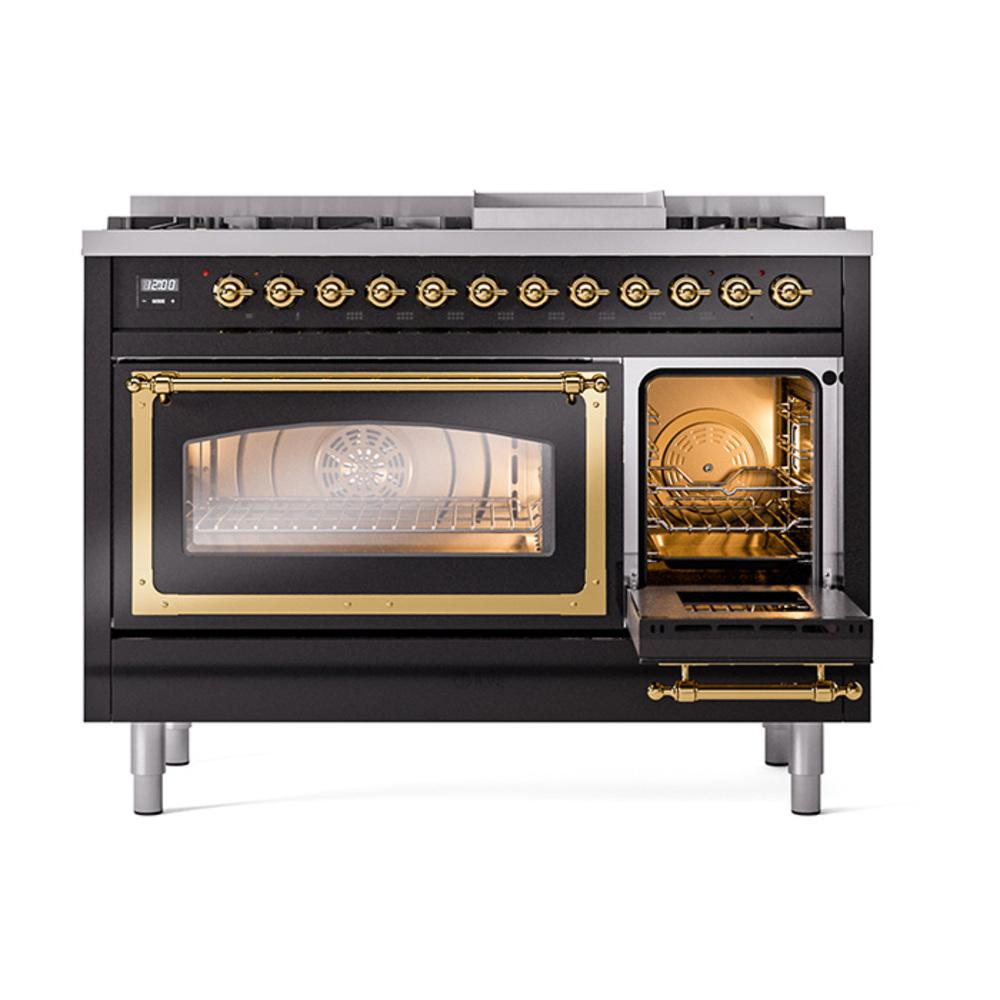 Ilve UN48FNMPBKG Ilve Un48Fnmpbkg Nostalgie Ii Noblesse 48" Dual Fuel Range (8 Sealed Burners + Griddle, Natural Gas, Triple Glass Door, Glossy Black, Brass)