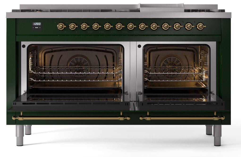 Ilve UP60FNMPEGG Nostalgie Ii 60 Inch Dual Fuel Natural Gas Freestanding Range In Emerald Green With Brass Trim