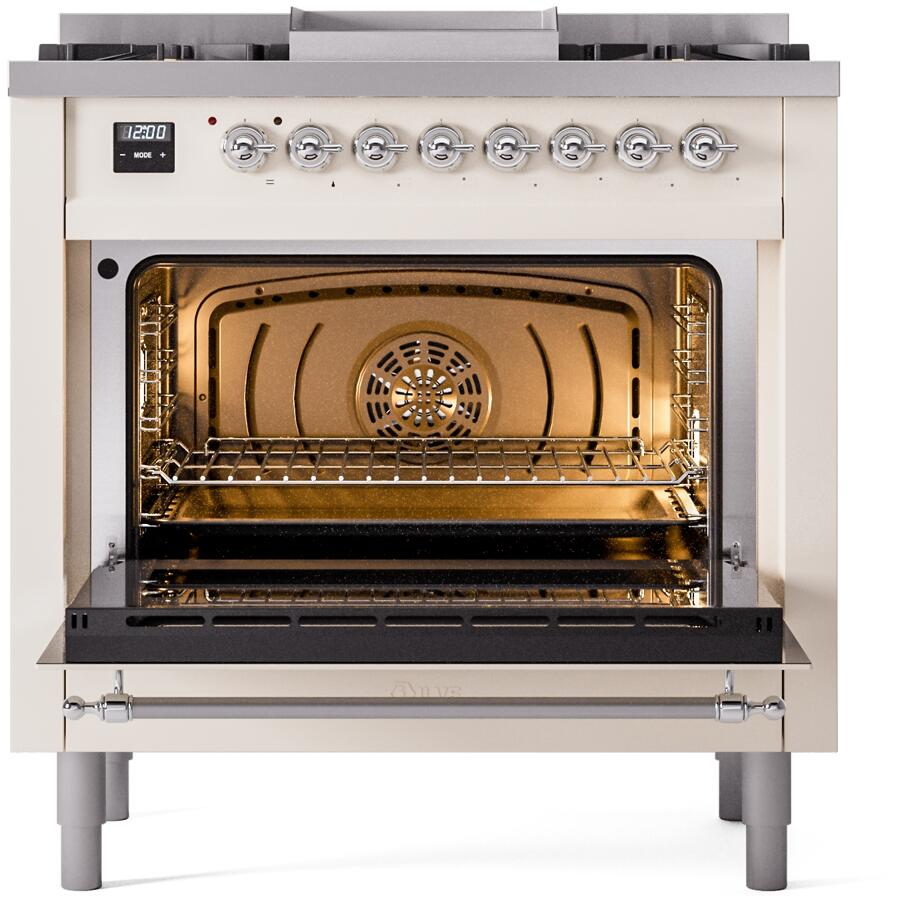 Ilve UP36FNMPAWC Nostalgie Ii 36 Inch Dual Fuel Natural Gas Freestanding Range In Antique White With Chrome Trim