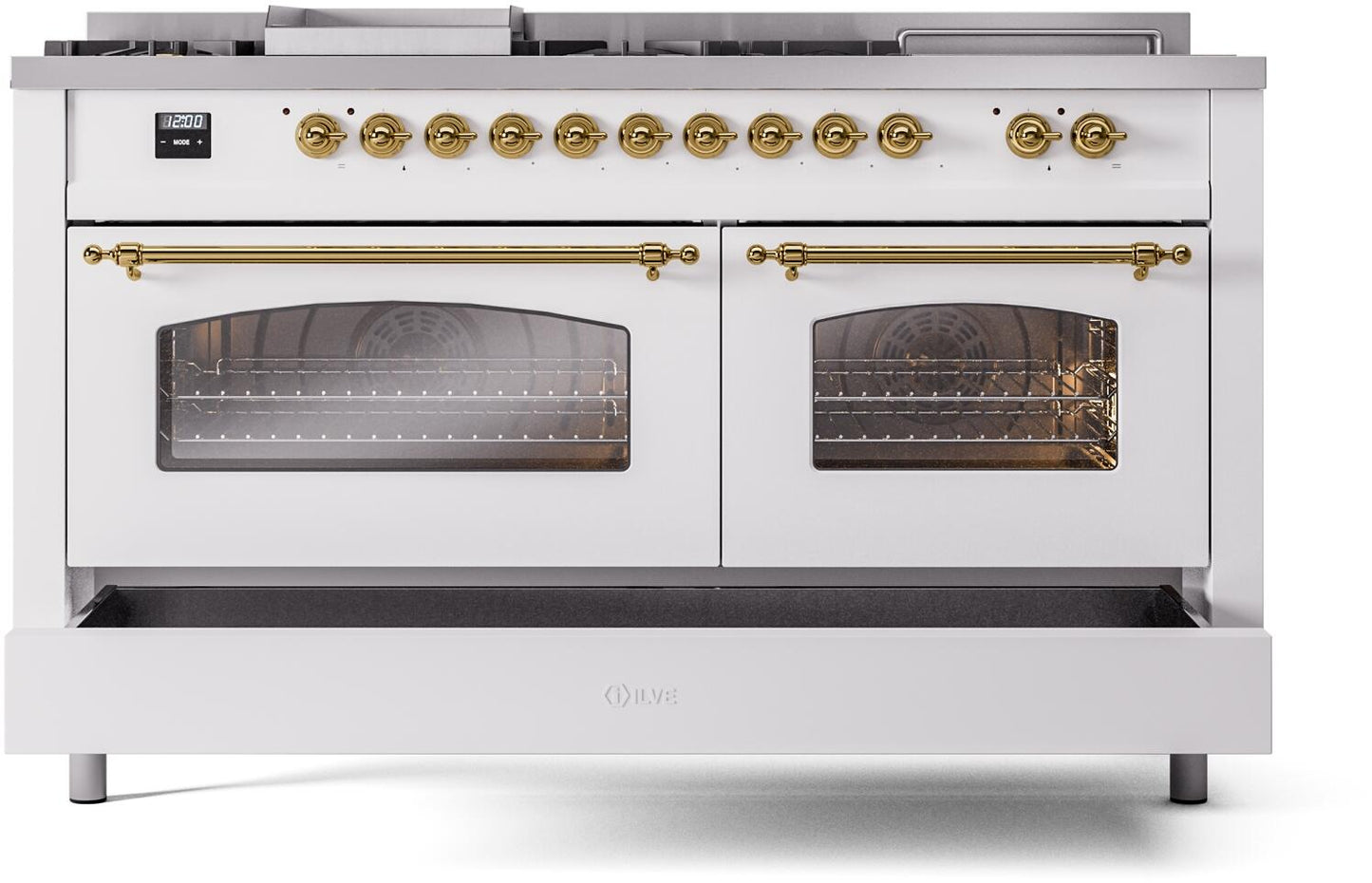 Ilve UP60FSNMPWHG Nostalgie Ii 60 Inch Dual Fuel Natural Gas Freestanding Range In White With Brass Trim