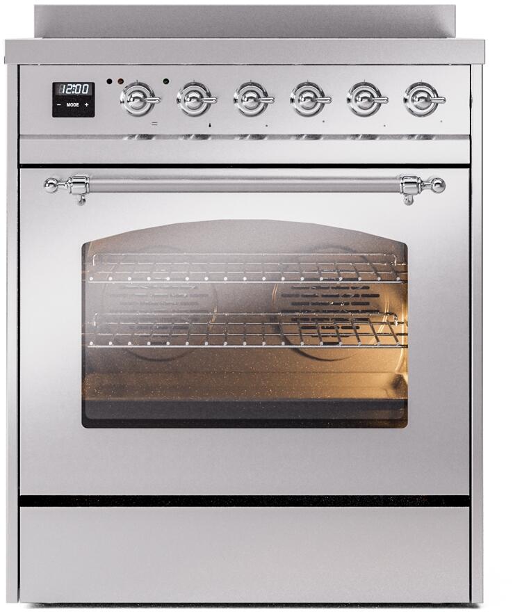 Ilve UPI304NMPSSC Nostalgie Ii 30 Inch Electric Freestanding Range In Stainless Steel With Chrome Trim