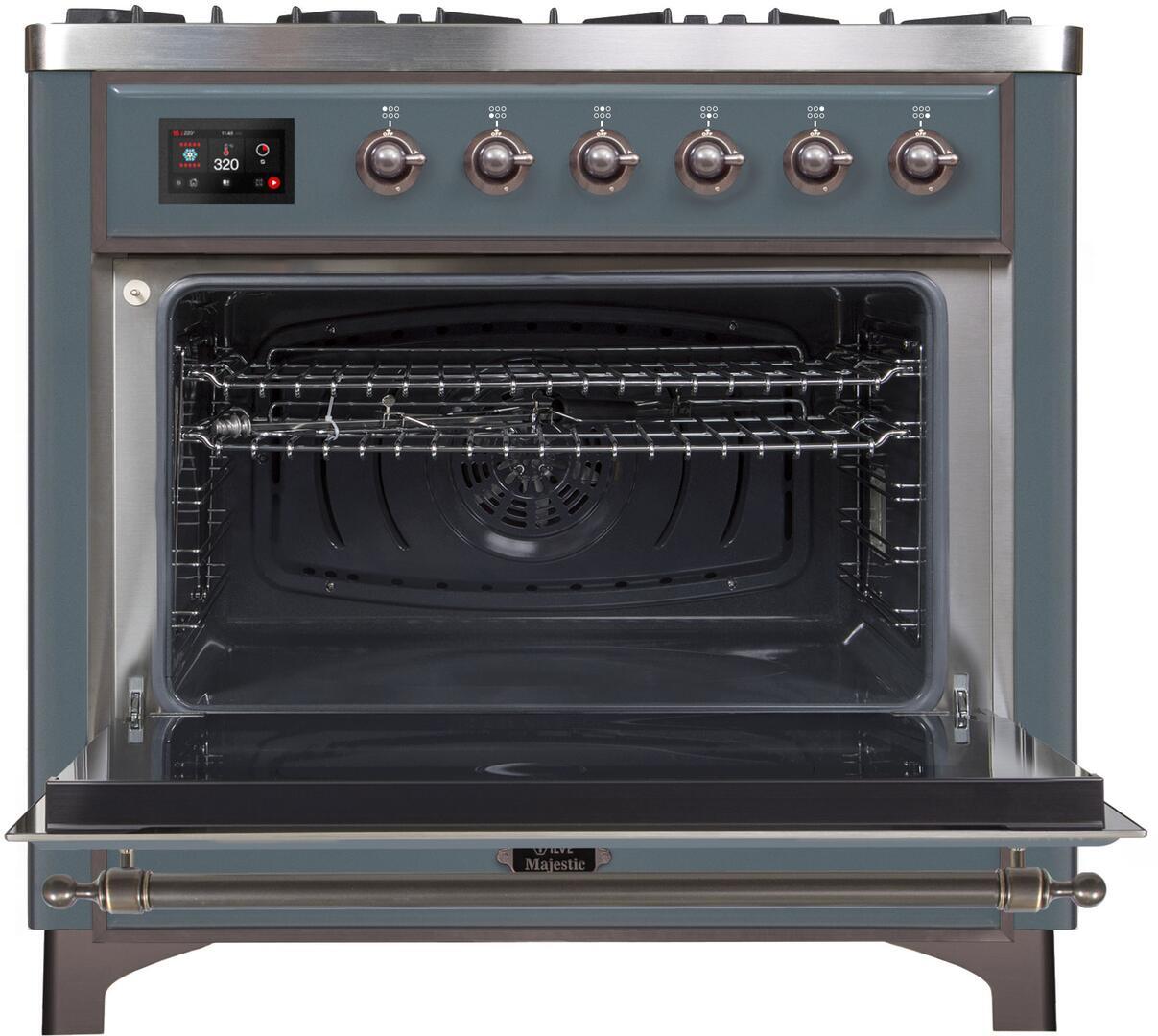 Ilve UM09FDNS3BGB Majestic Ii 36 Inch Dual Fuel Natural Gas Freestanding Range In Blue Grey With Bronze Trim