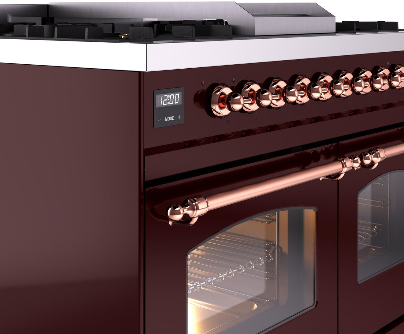 Ilve UPD40FNMPBUP Nostalgie Ii 40 Inch Dual Fuel Natural Gas Freestanding Range In Burgundy With Copper Trim