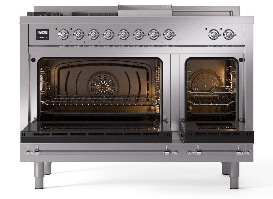 Ilve UP48FSNMPSSC Nostalgie Ii 48 Inch Dual Fuel Natural Gas Freestanding Range In Stainless Steel With Chrome Trim